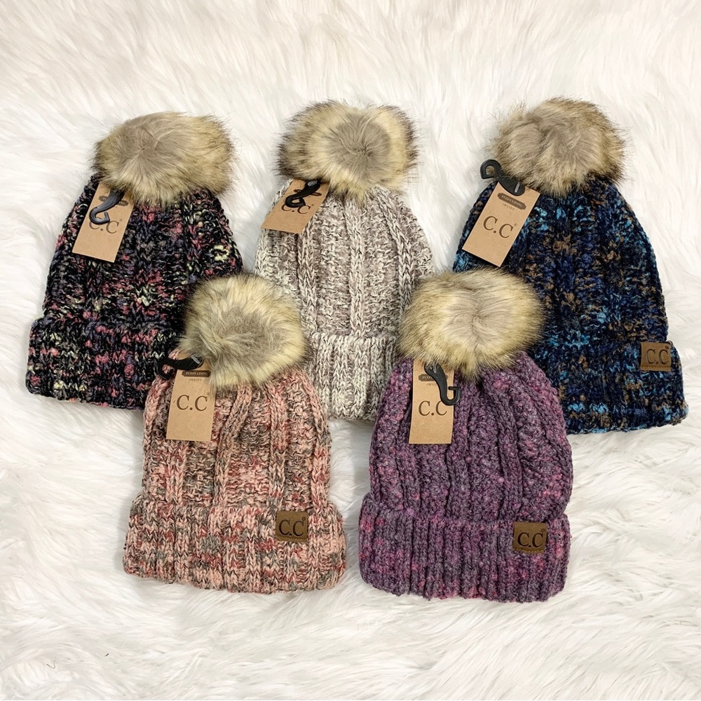 C.C Beanies Popcorn Confetti (Inner Lining) Pom Beanie for Adults, Winter Hats